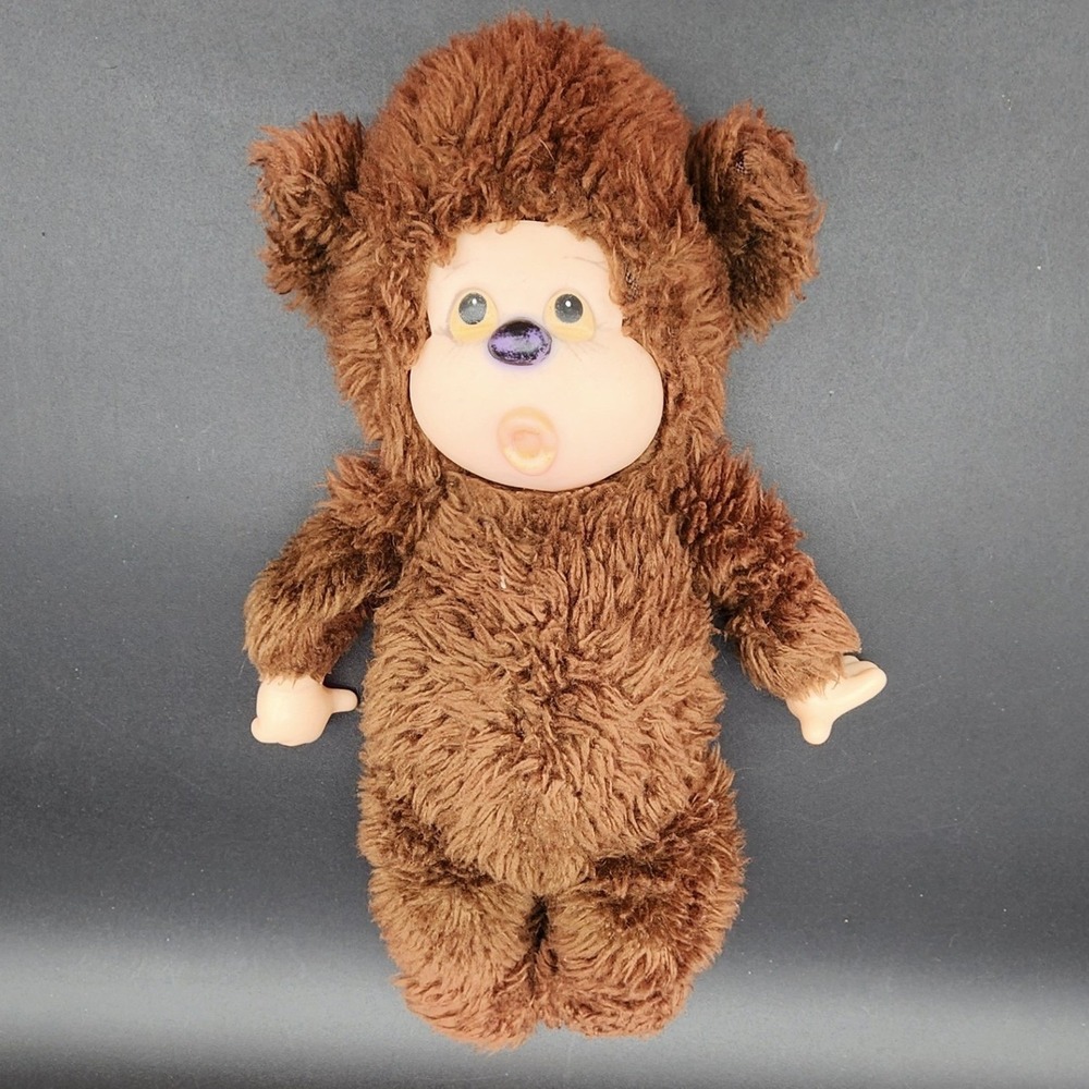 Vintage 8" Brown Thumb Sucking Monkey Plush Vinyl Face Furry Toy Retro 80s